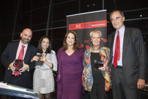 Rich Rundle (2014 Stem Cell Hero), Sabrina Bertucci (2014 Stem Cell Hero), NYSCF Co-Founder Susan L. Solomon, and Anne and Vincent Mai (2014 Stem Cell Heroes)