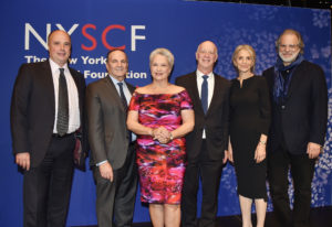 Andreas C. Dracopolous (2017 Stem Cell Hero), Roy Geronemus, MD (2017 Stem Cell Hero), NYSCF Co-Founder Susan L. Solomon, Paul Goldberger, Dorothy Lichtenstein, and Clifford Ross (2017 Stem Cell Hero)